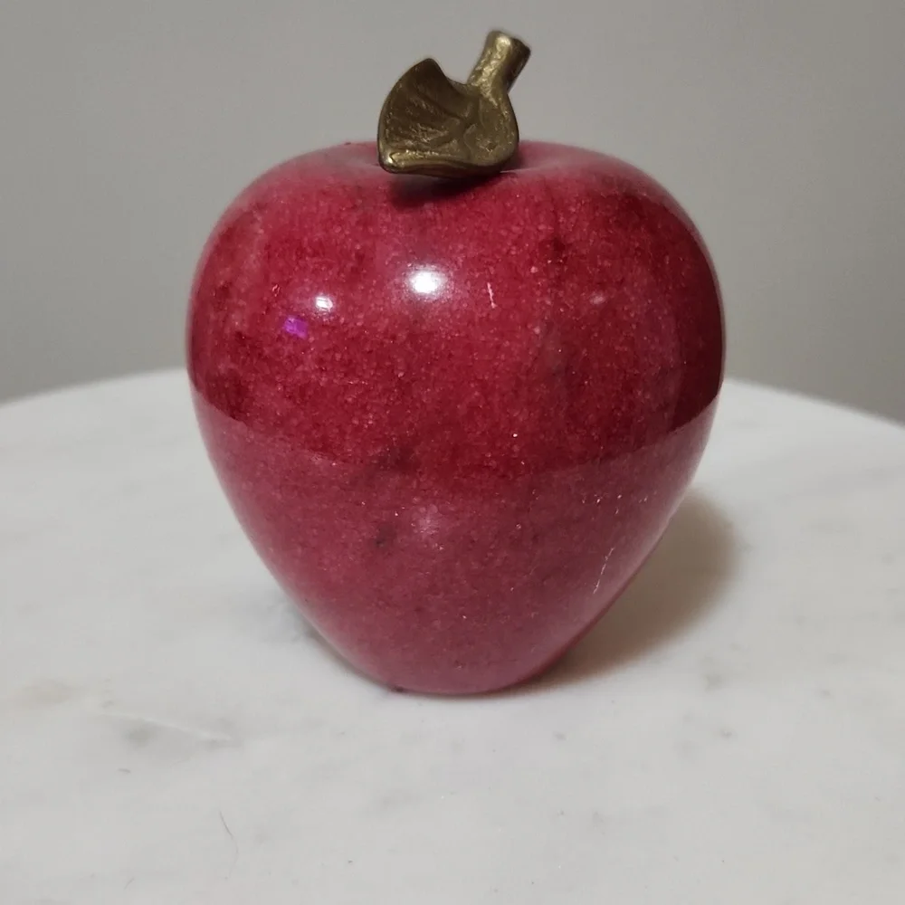 Red Marble Apple Paperweight Sculpture with Golden Brass Leaf
